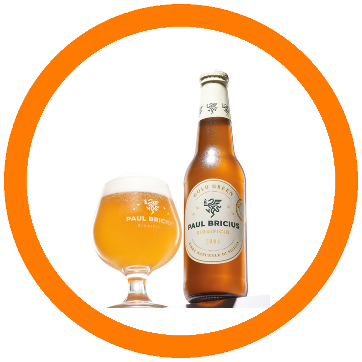 Bottiglia e calice della birra Paul Bricius Gold Green
